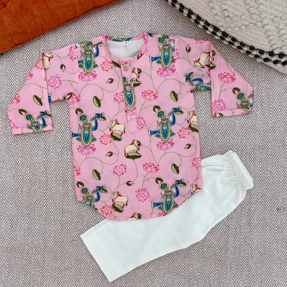 Bhaakur Chanderi Unisex Pichwai Print Kurta Set