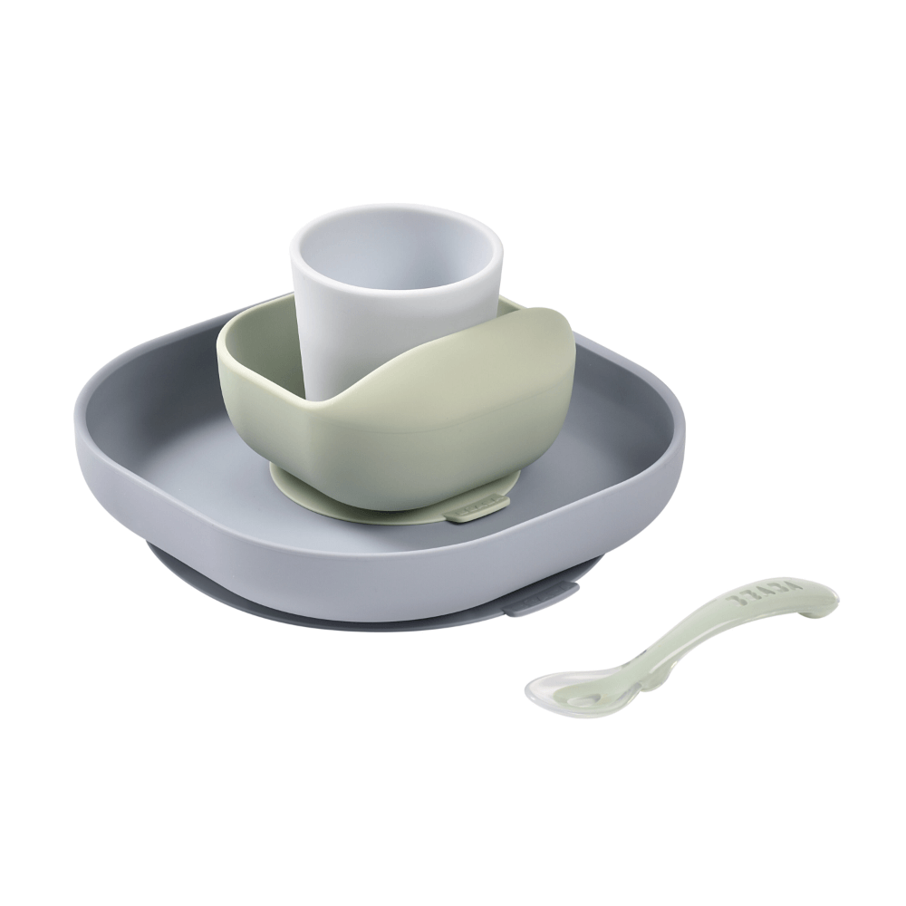 Beaba Silicone 4 Piece Baby Meal Set – Suction Plate, Suction Bowl, Anti-Slip Cup & 2nd Stage Spoon, Non-Slip, Unbreakable, Ergonomic Design, Easy to Clean, BPA-Free Baby Feeding Set for Mess-Free Mealtime Essentials, 4M+