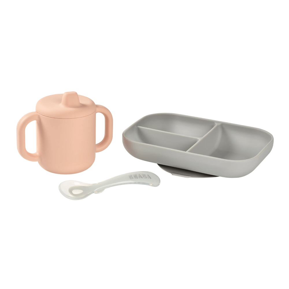 Beaba Silicone 3 Piece Learning Set – Suction Divided Plate, Silicone Learning Cup & 2nd Stage Spoon, Non-Slip, Unbreakable, Easy to Clean, BPA-Free Baby Feeding Set for Mess-Free Mealtime Essentials, 4M+