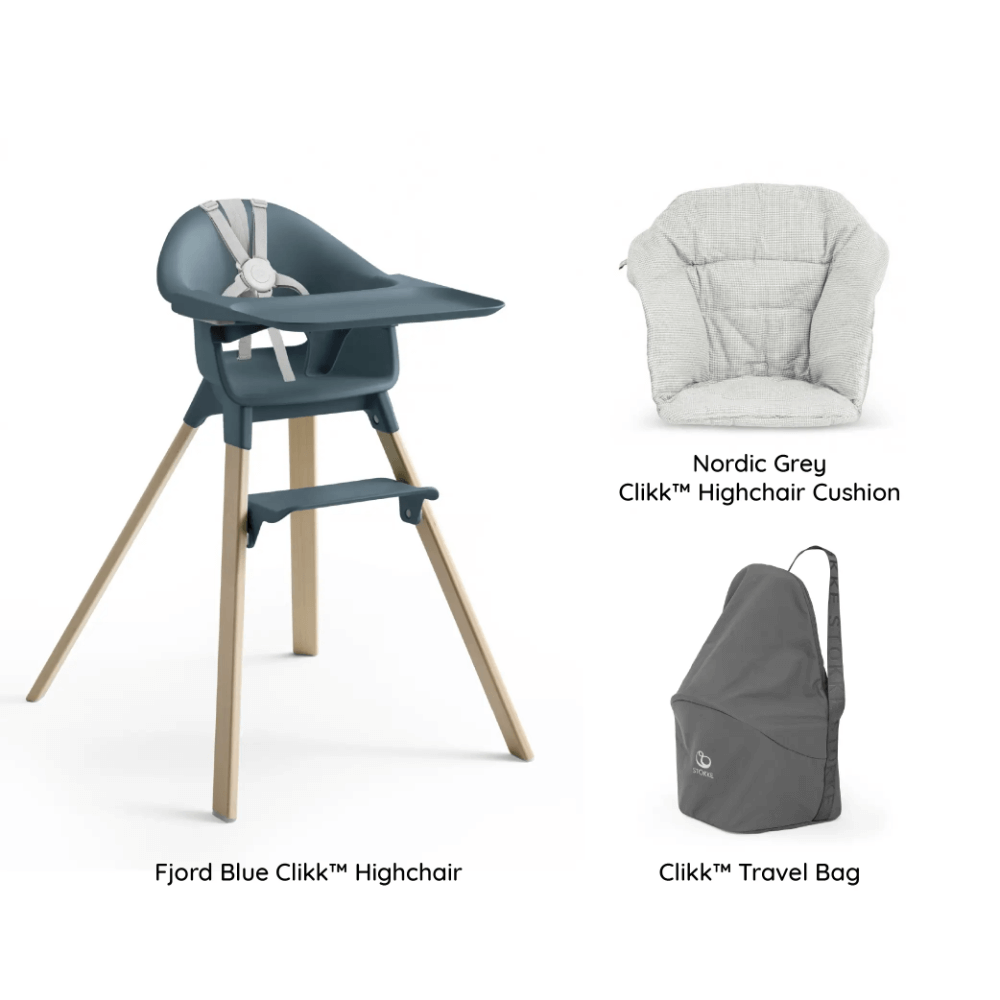 Stokke Clikk Highchair, Nordic Grey Cushion And Travel Bag - Includes Lightweight, Travel-Friendly Highchair for Baby with Tray & 5-Point Harness, Cushion that Adds Comfort & Back Support & the Travel Bag, Tool-Free Assembly & Adjustable Footrest