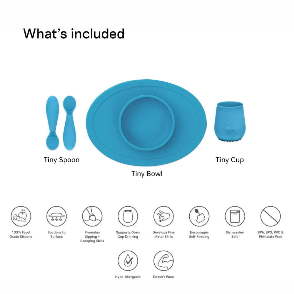 ezpz First Food Set – 100% Food-Grade Silicone Baby & Toddler Suction Bowl with Built-In Placemat, Training Cup & Spoon, Self-Feeding Set, Pediatrician-Designed, 6 Months+
